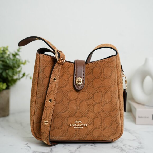 Coach Handbags - Coach CCE16 Hadley Mini Crossbody Bag In Signature Suede in Caramel NWT
